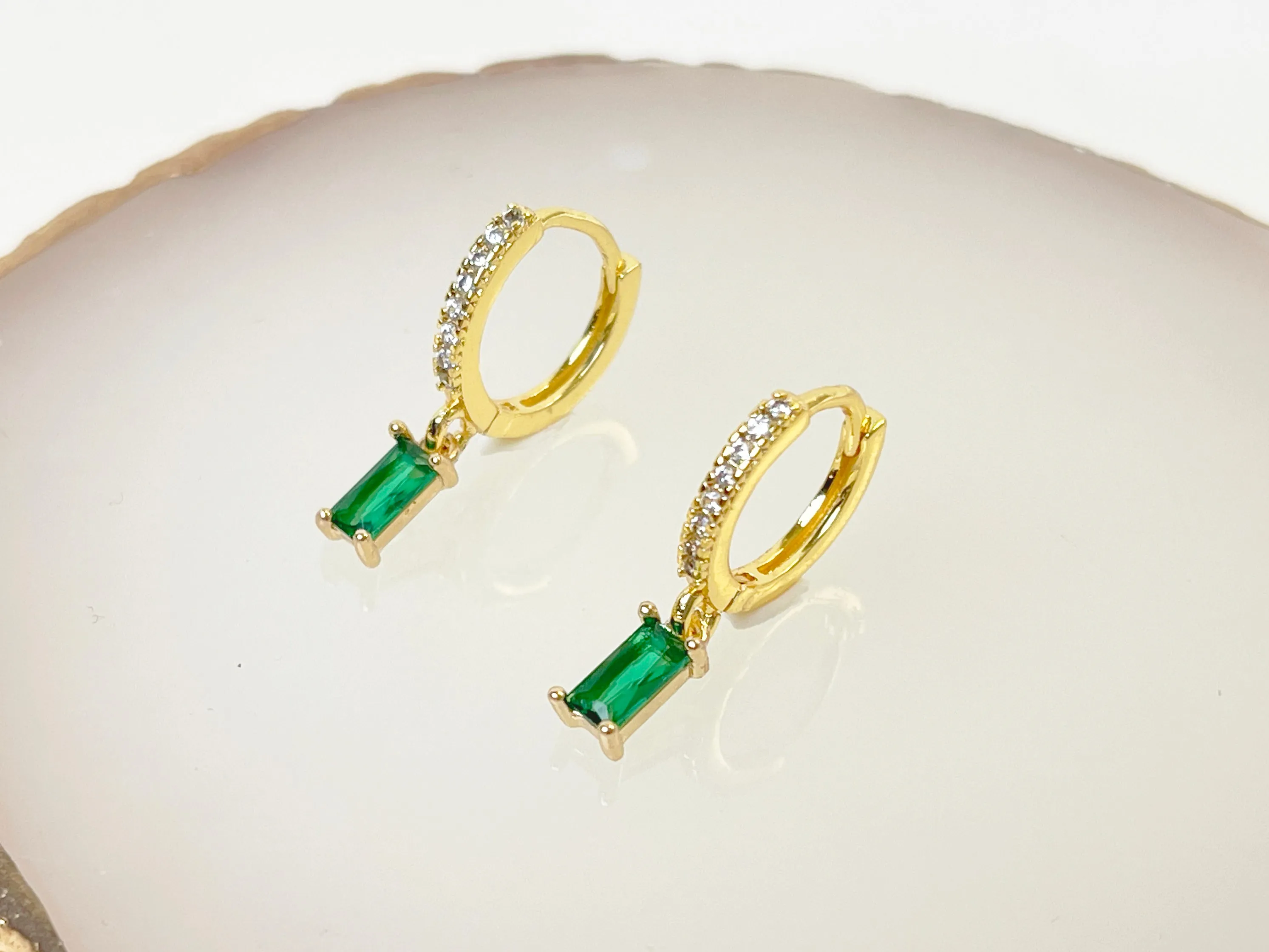 E143 paved baguette dangle huggie hoop earrings