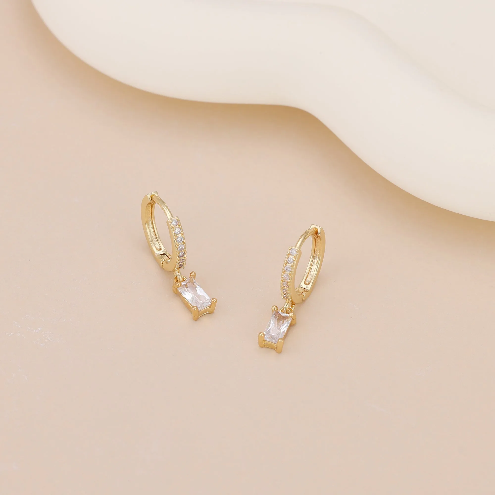 E143 paved baguette dangle huggie hoop earrings
