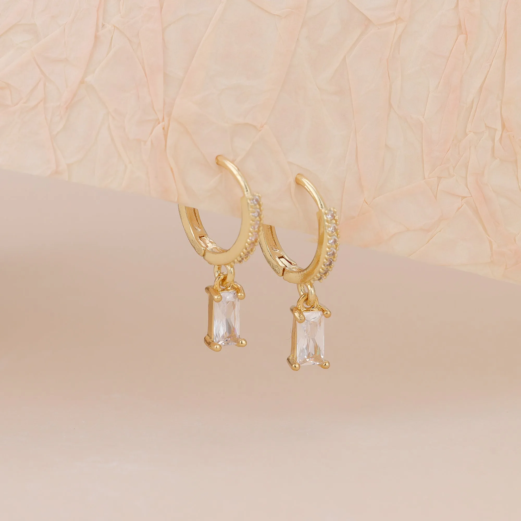 E143 paved baguette dangle huggie hoop earrings