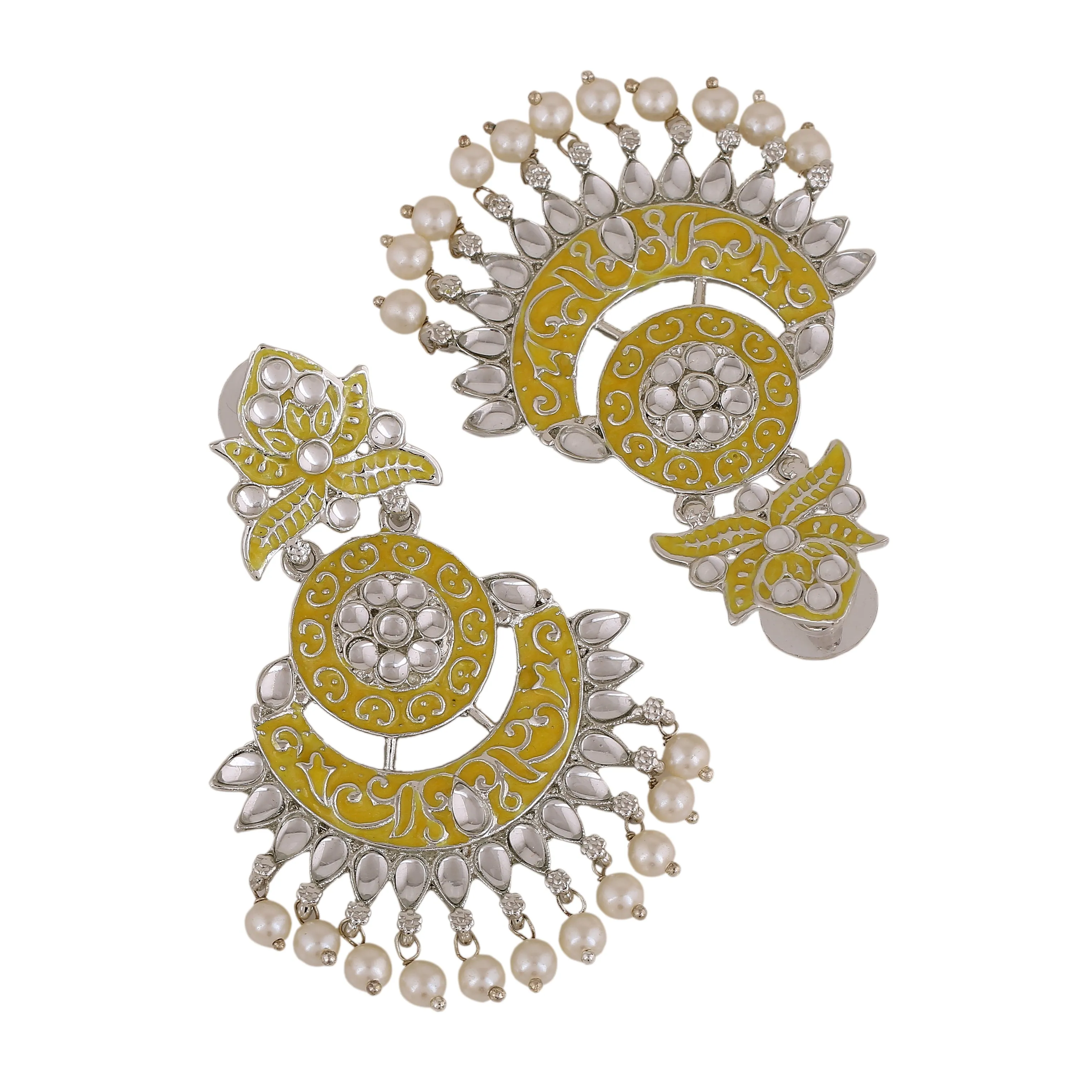 Estele Rhodium Plated Stylish Traditional Yellow Meenakari Drop Earrings with Pearl for Women