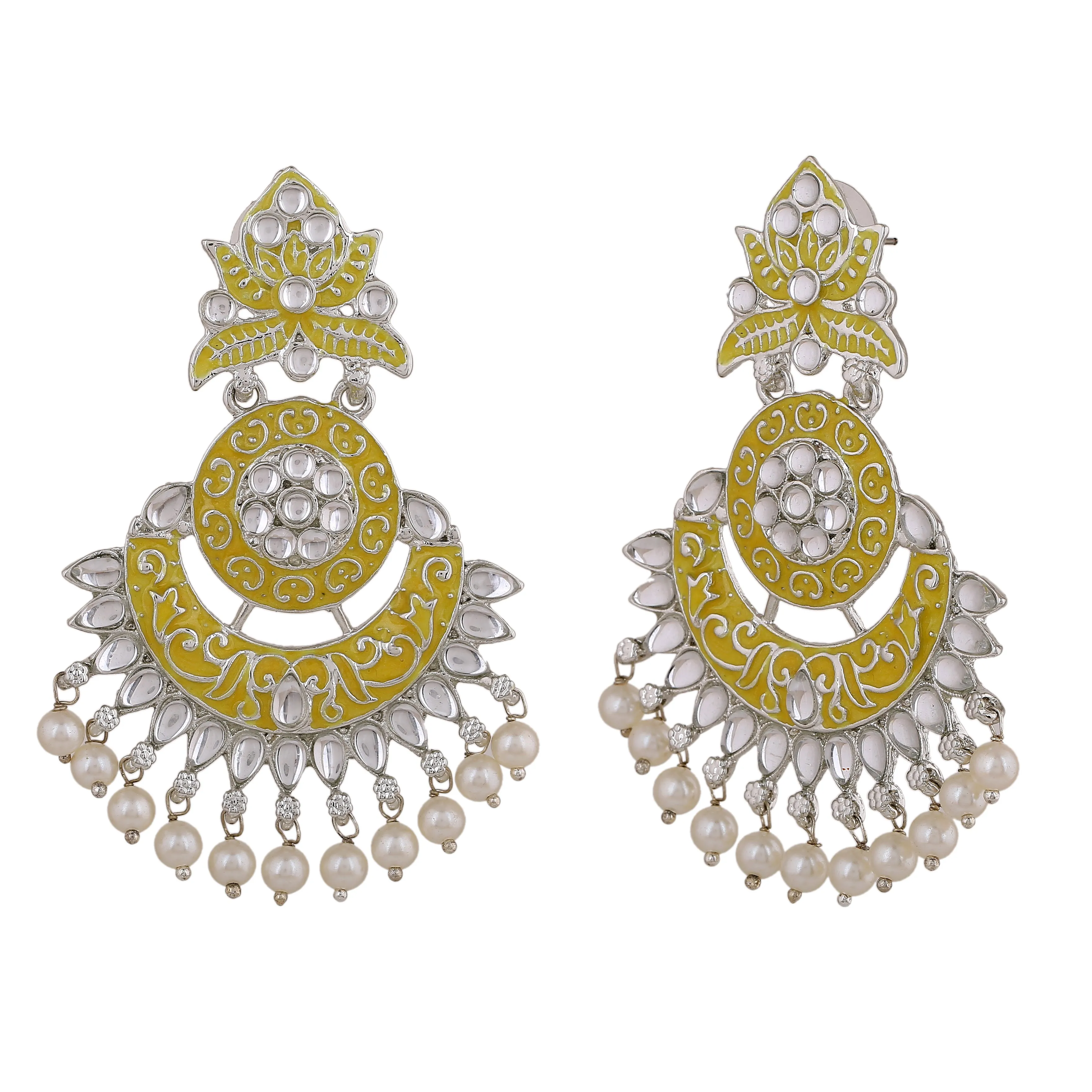 Estele Rhodium Plated Stylish Traditional Yellow Meenakari Drop Earrings with Pearl for Women
