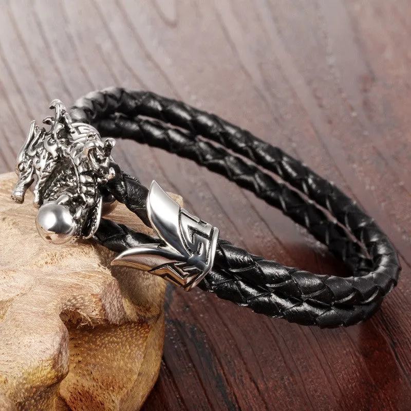 FASHION Men Jewelry Black Leather Chain Braided Rope Stainless Steel Bracelet Dragon Design Man Vintage Accessories