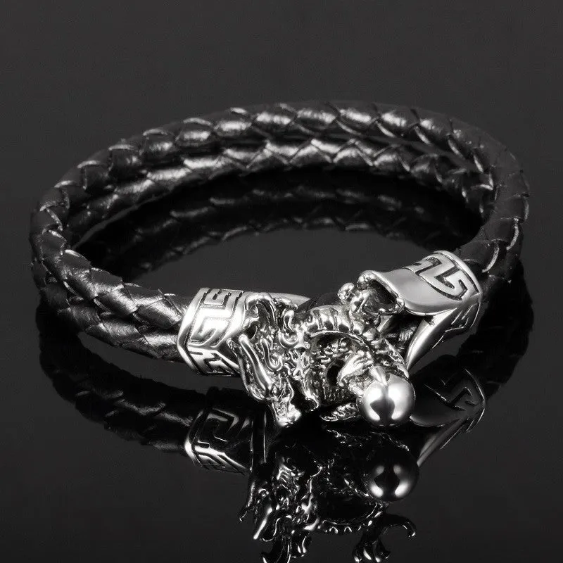 FASHION Men Jewelry Black Leather Chain Braided Rope Stainless Steel Bracelet Dragon Design Man Vintage Accessories