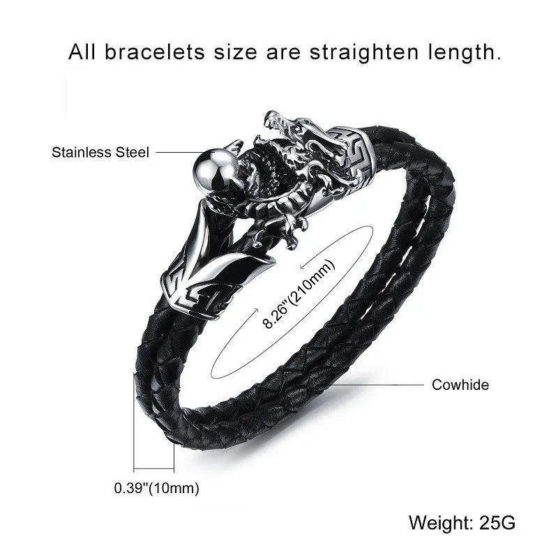 FASHION Men Jewelry Black Leather Chain Braided Rope Stainless Steel Bracelet Dragon Design Man Vintage Accessories