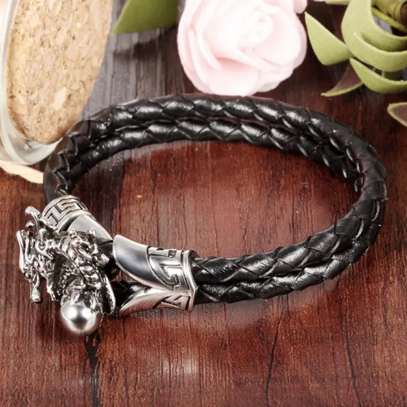 FASHION Men Jewelry Black Leather Chain Braided Rope Stainless Steel Bracelet Dragon Design Man Vintage Accessories