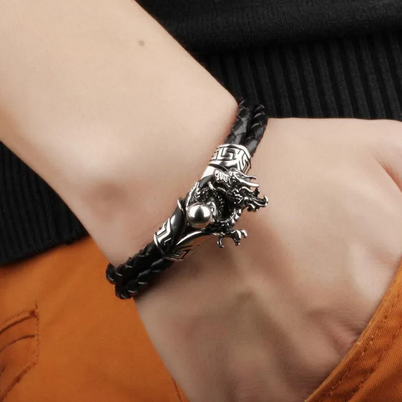 FASHION Men Jewelry Black Leather Chain Braided Rope Stainless Steel Bracelet Dragon Design Man Vintage Accessories