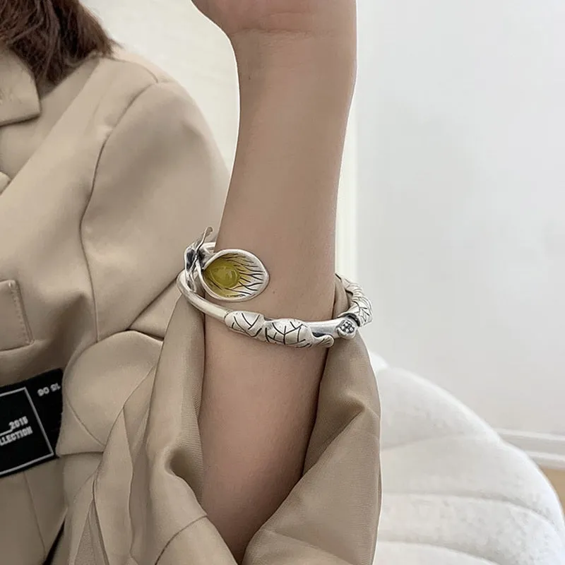 Flower Bangles Ethnic Bracelet 925 Sterling Silver Jewelry for Women