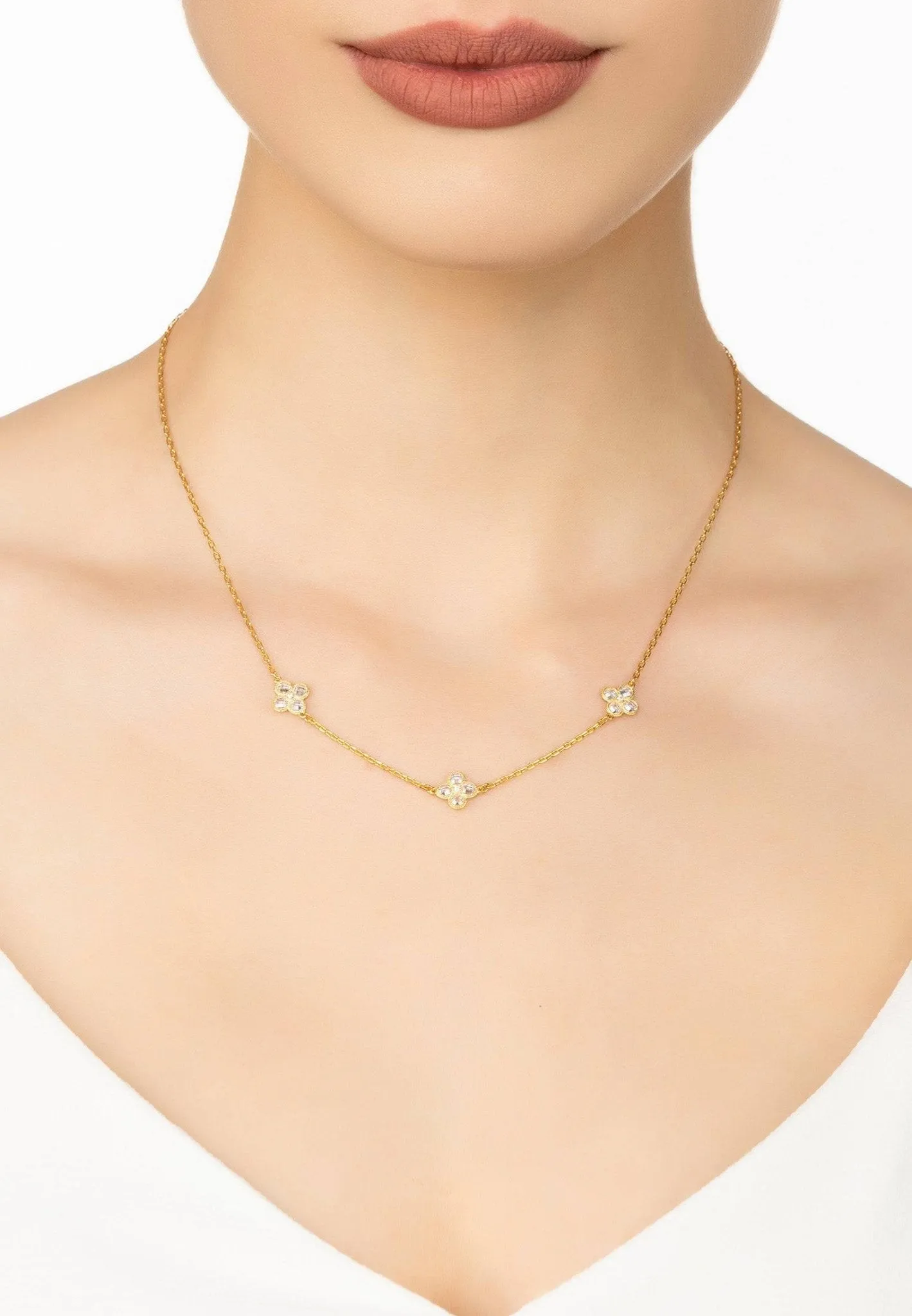 Flower Clover Triple Choker Necklace Dipped in Gold