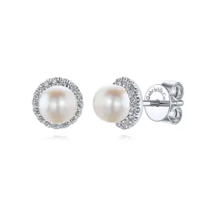 Gabriel & Co. Fashion 14k White Gold Round Diamond Halo Pearl Stud Earrings