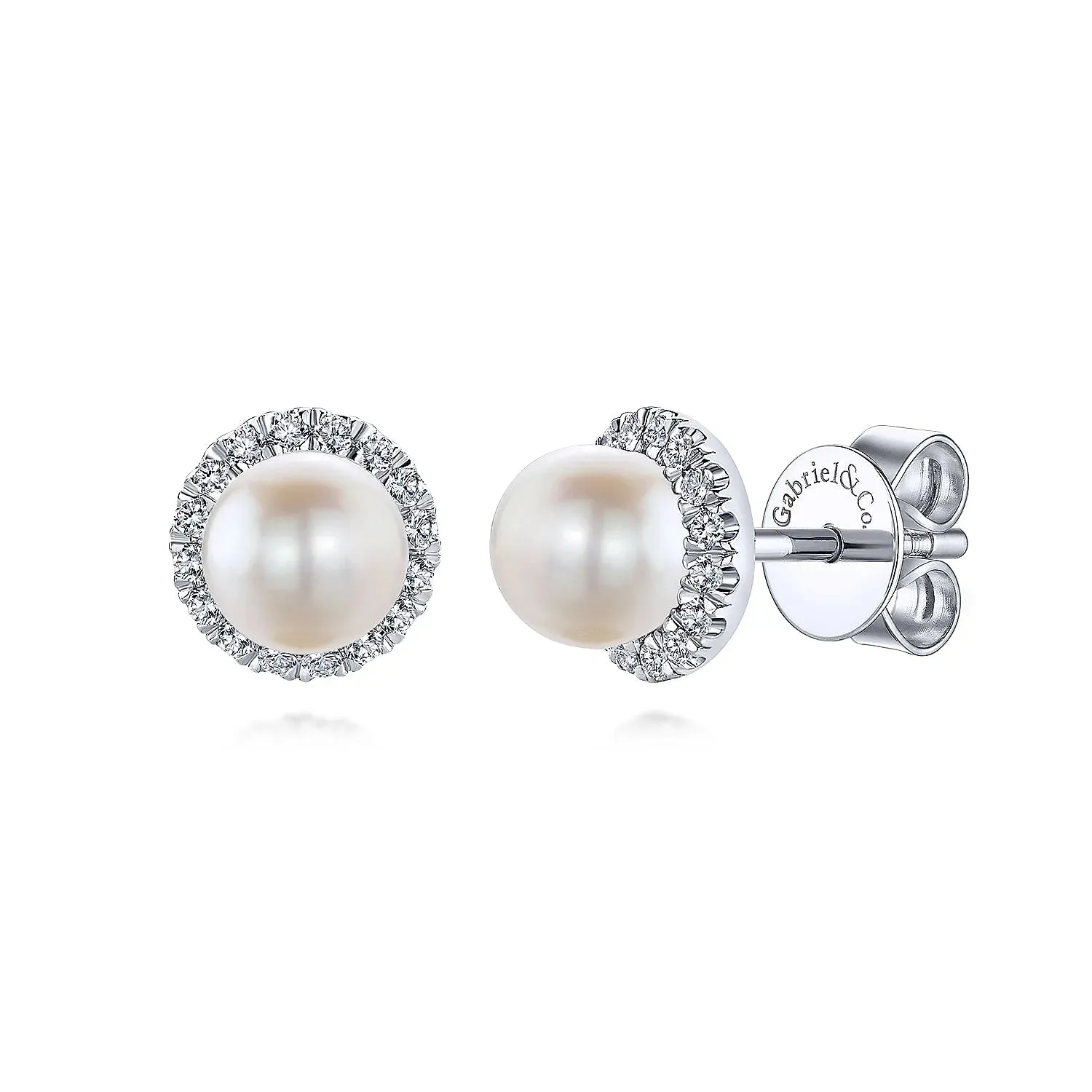 Gabriel & Co. Fashion 14k White Gold Round Diamond Halo Pearl Stud Earrings