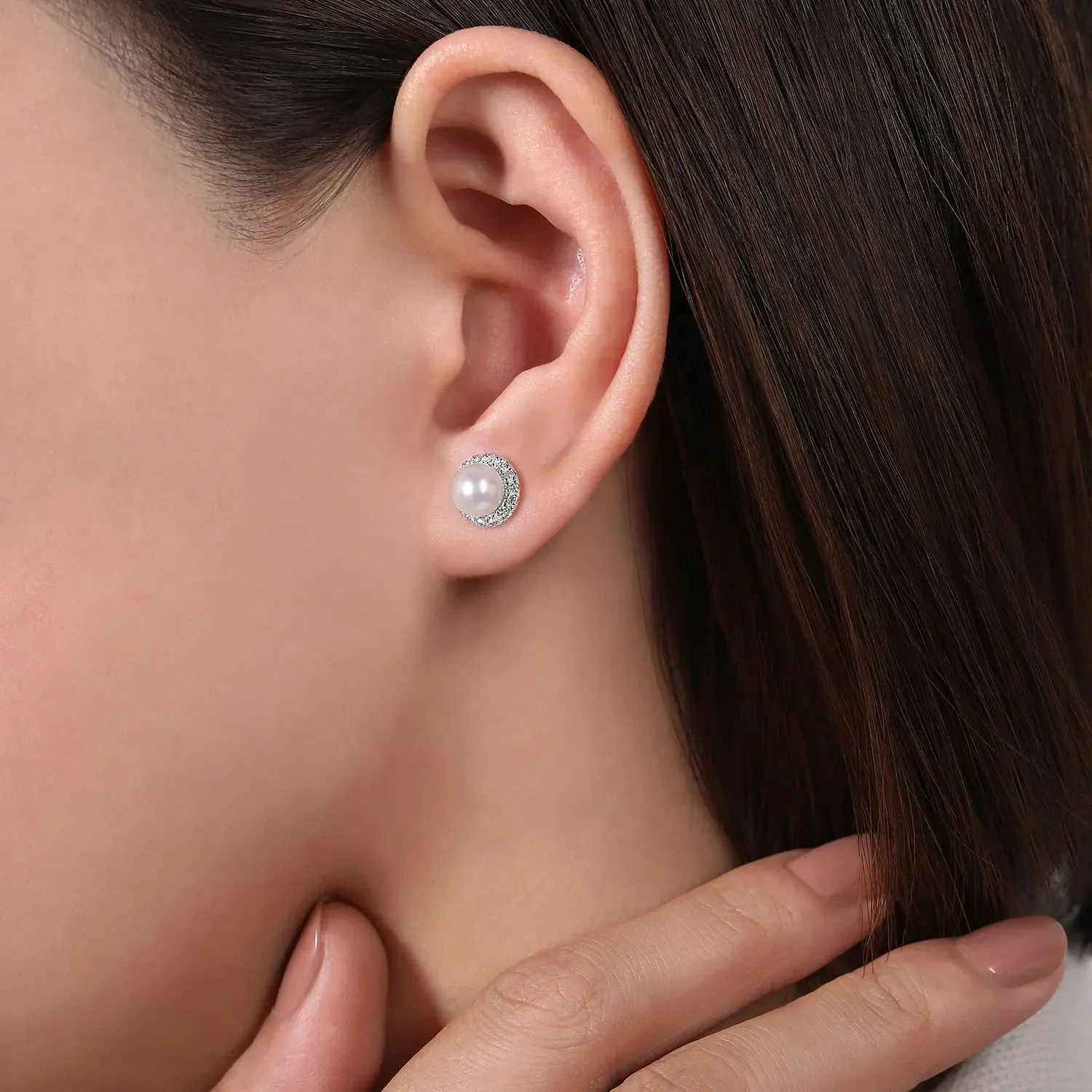 Gabriel & Co. Fashion 14k White Gold Round Diamond Halo Pearl Stud Earrings