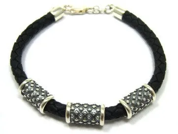 Gent's Black Leather and Sterling Silver Pendant Bracelet