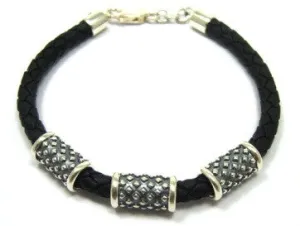 Gent's Black Leather and Sterling Silver Pendant Bracelet