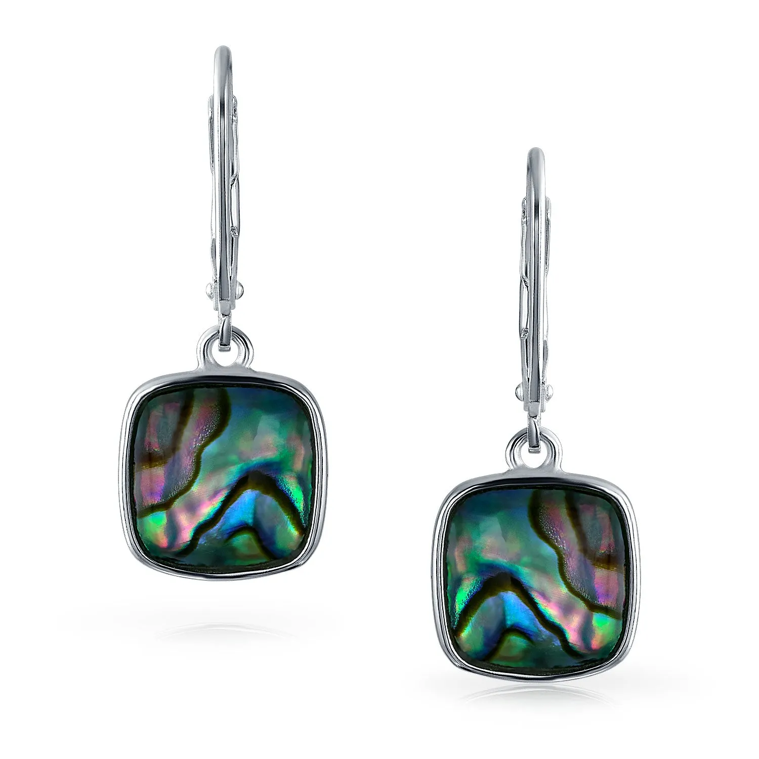Geometric Iridescent Abalone Shell Square Teardrop Dangle Earrings Sterling Silver
