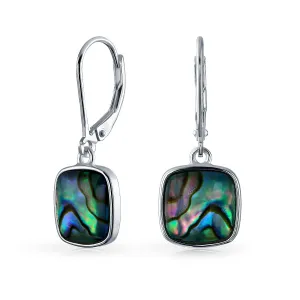 Geometric Iridescent Abalone Shell Square Teardrop Dangle Earrings Sterling Silver
