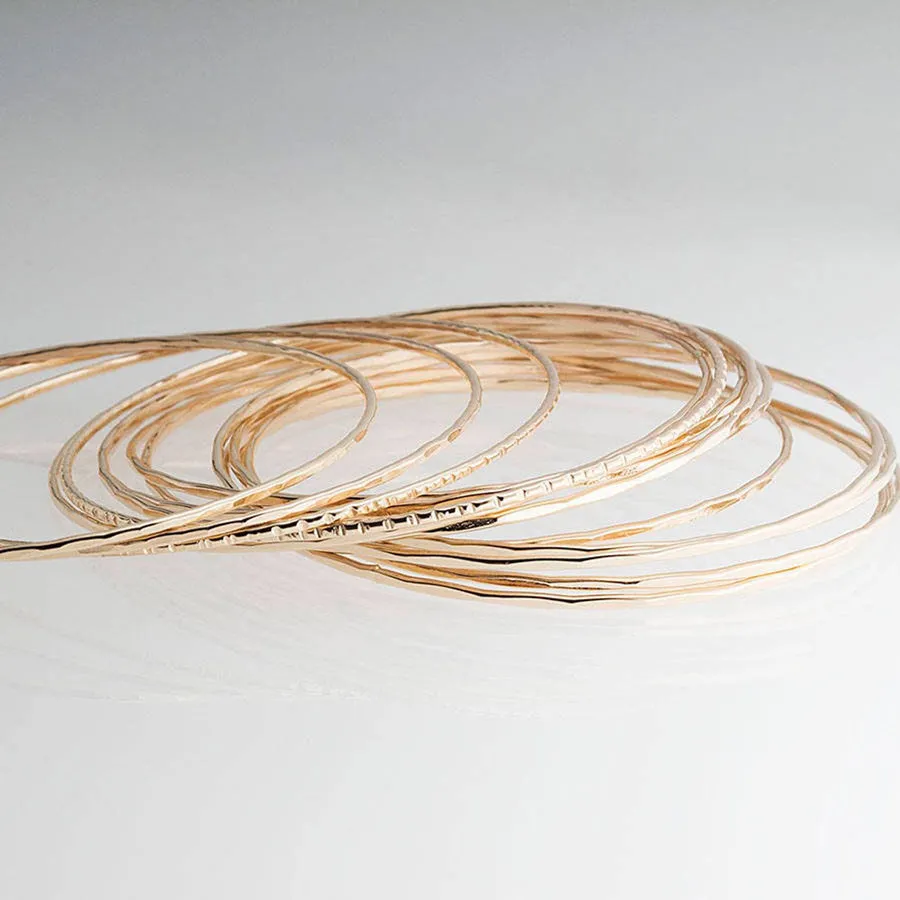 Gold Filled Stackable Slip On Bangles with Grooved Finish