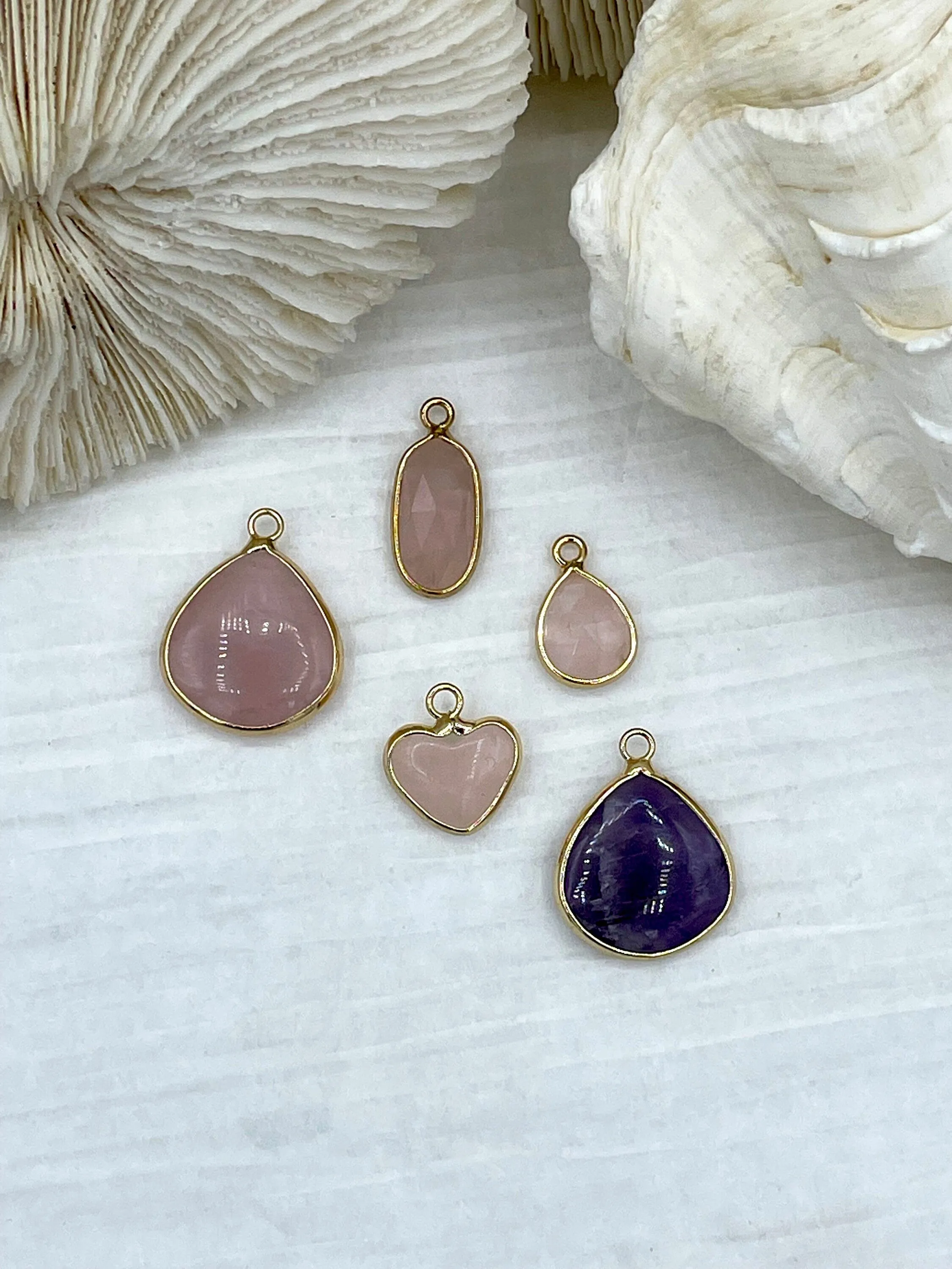 Gold Over Brass Soldered Natural Pink or Purple Quartz Drop Pendant with, 5 Styles Semi-Precious Gemstones Sold by the Piece.  Fast Ship