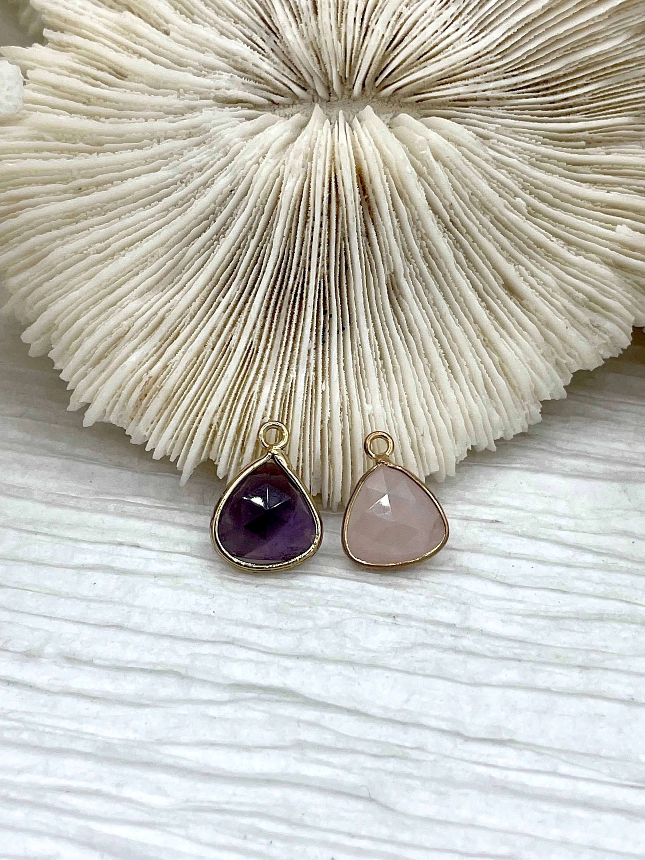 Gold Over Brass Soldered Natural Pink or Purple Quartz Drop Pendant with, 5 Styles Semi-Precious Gemstones Sold by the Piece.  Fast Ship