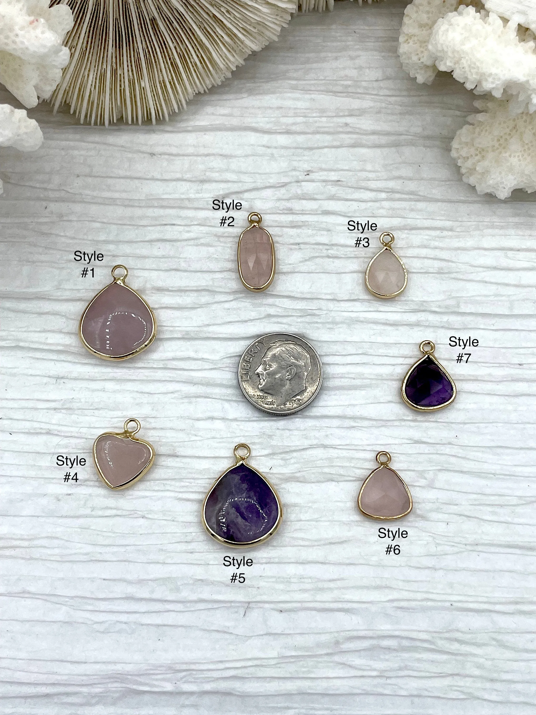Gold Over Brass Soldered Natural Pink or Purple Quartz Drop Pendant with, 5 Styles Semi-Precious Gemstones Sold by the Piece.  Fast Ship