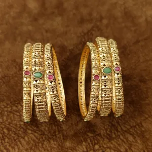 GOLD PATTERN RUBY & EMERALD SET OF 6 BANGLES