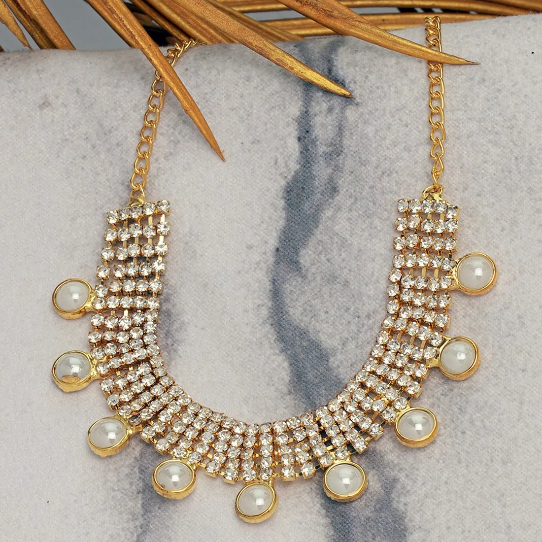 Gold-Toned Five-Row Diamonti And Pearl Drops Necklace