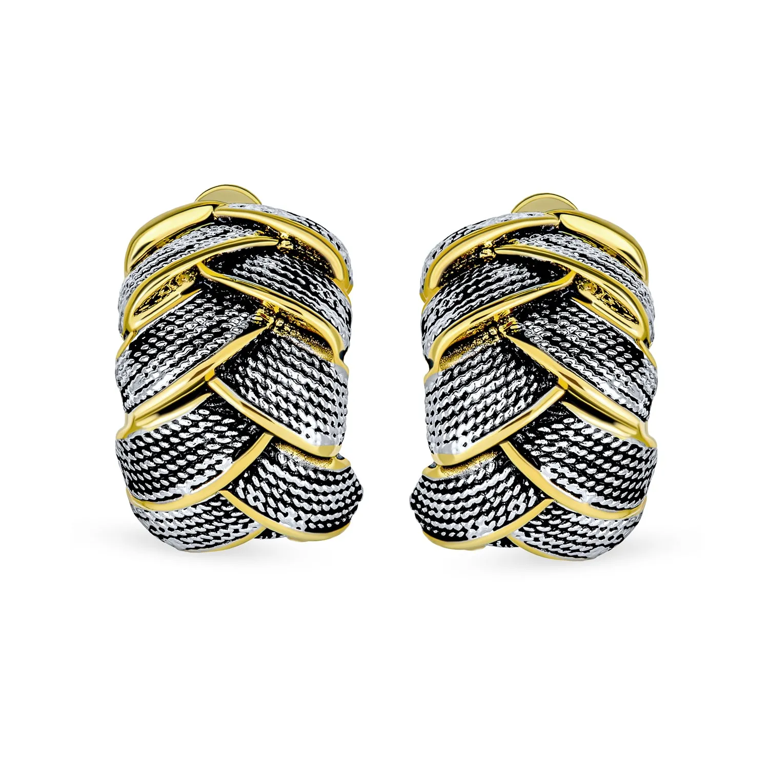 Half Hoop Shrimp Style Clip-On Earrings Two Tone Woven Cable Silver Gold Plated