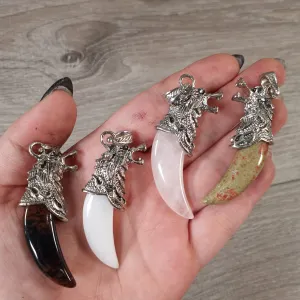 Hand-Carved Gemstone Wolf Head Pendant – Assorted Stones