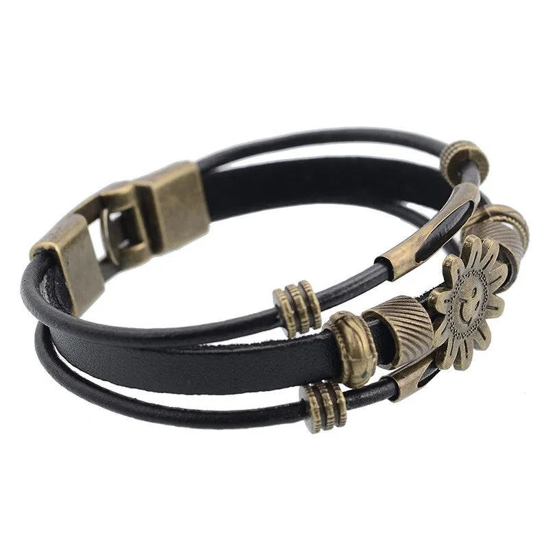 Hot Sale Vintage Flower Design Multilayer Wrap Bracelet Punk Braid Wrist Leather Charm Bracelet for Men Casual Jewelry