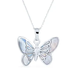 Iridescent Rainbow Abalone Shell Butterfly Pendant Necklace in Sterling Silver