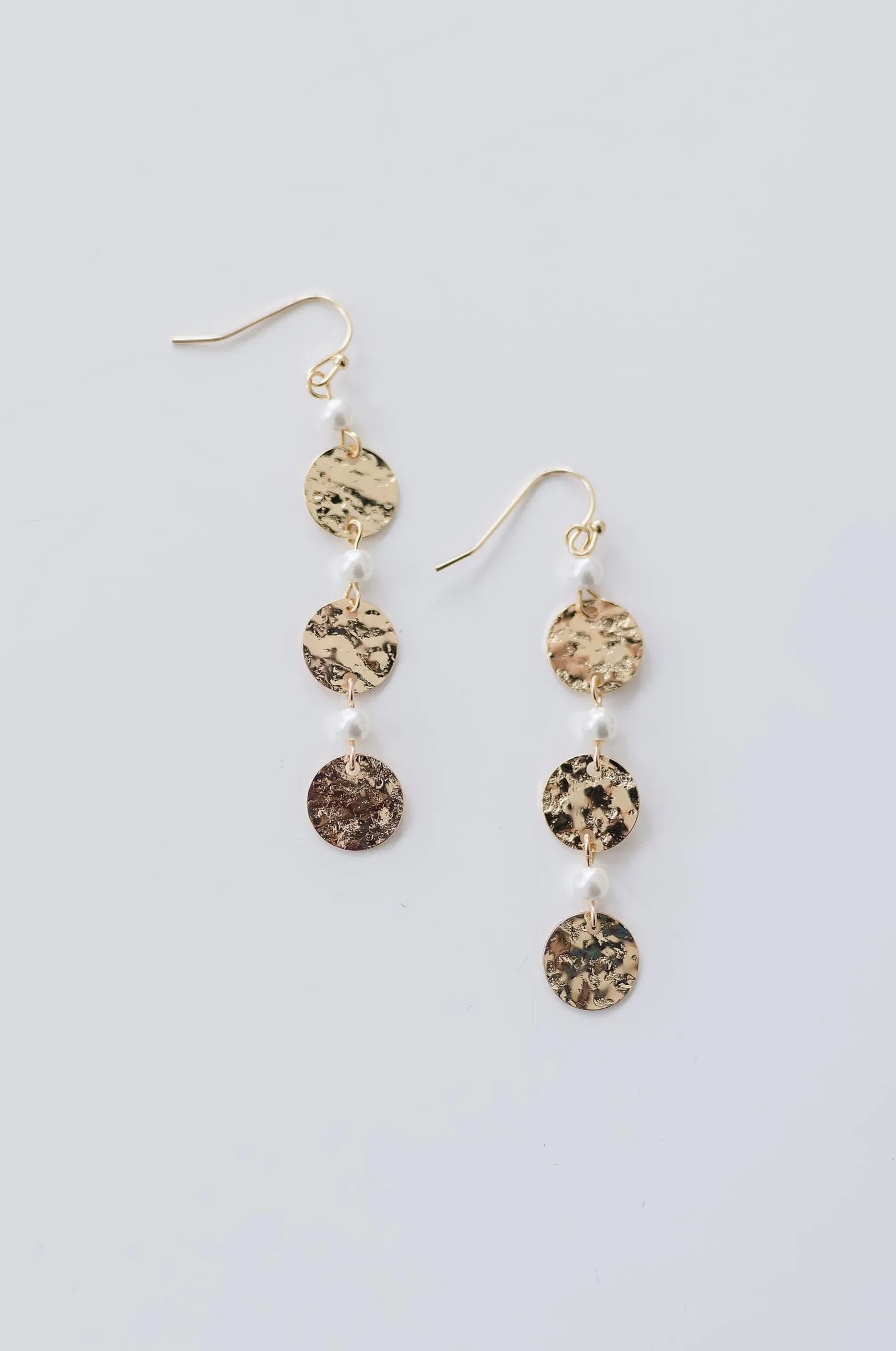 Kenna Pearl Round Hammered Drop Earrings Gold