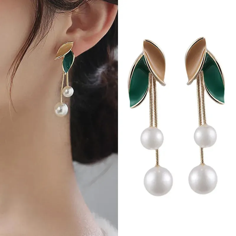 Lady Glams Elevate Your Style with the 2024 New Fashion Trend Pearl Leaf Tassel Earrings