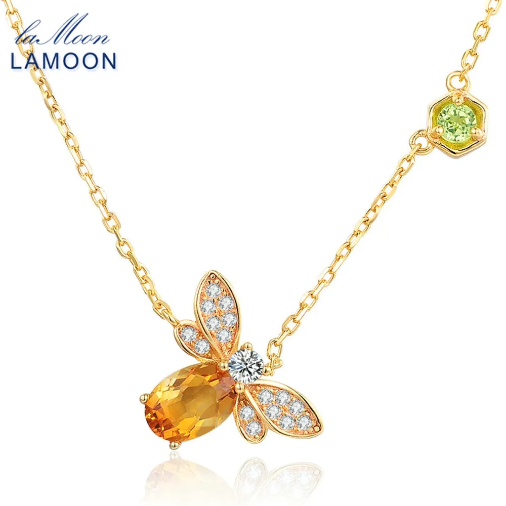 LAMOON Bee 100% Citrine Silver Jewelry 14K Yellow Gold Plated Pendant