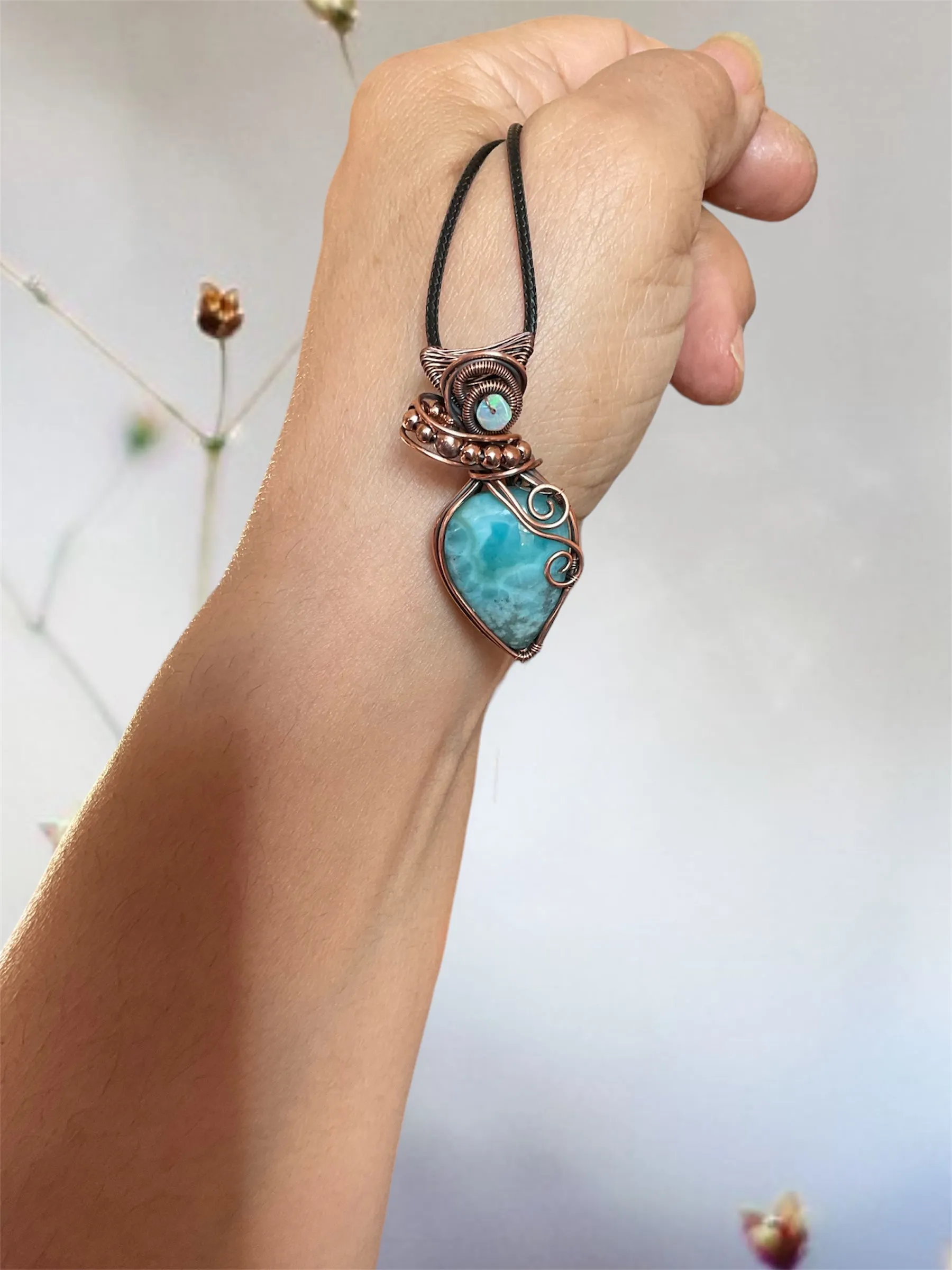 Larimar Wire Wrapped Pendants with Ethiopian Opal Accents