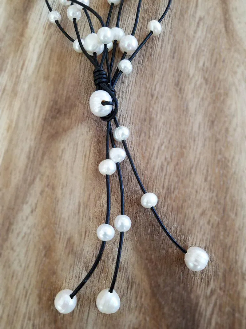 Leather and Pearl Necklace - Convertible