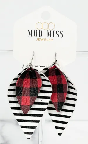 Leather Stacked Petal Earring "Buffalo Plaid Red Mini on Black & White Stripe (Thin Stripes)