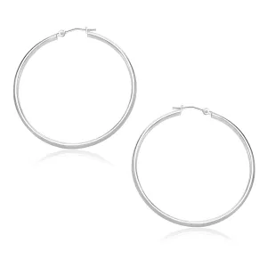 LOVCIA Luxury Classic 14K White Gold Hoop Earrings with Snap Lock Backing (30mm Diameter)