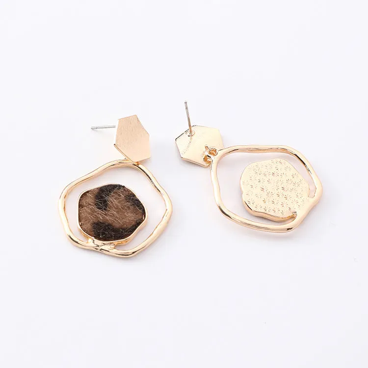 LOVCIA Stylish Leopard Print Hexagon Drop Earrings with Suede and Metallic Accents