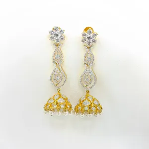 Lustrous Long White Zircon (CZ) stone Jhumka in Rhodium Polish