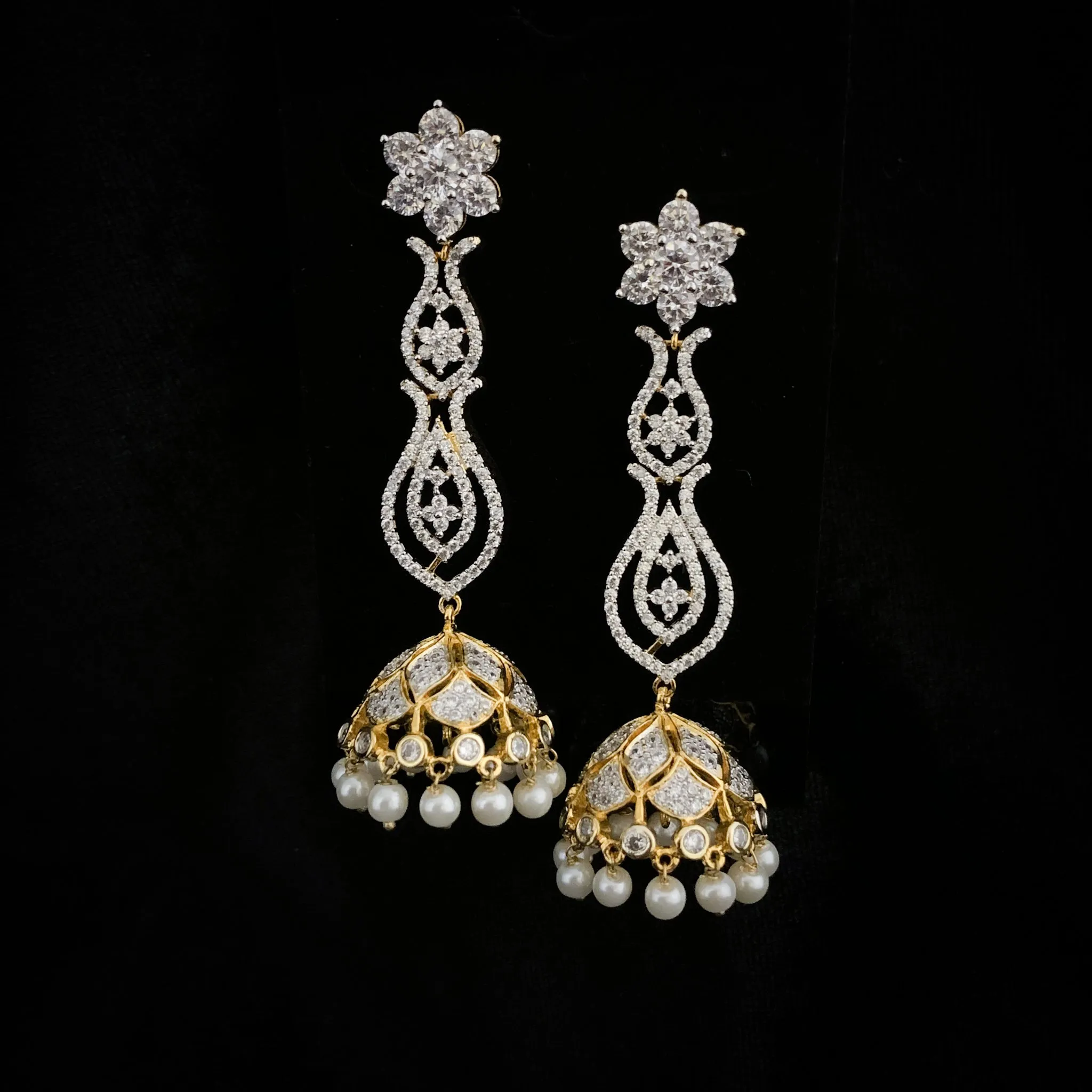 Lustrous Long White Zircon (CZ) stone Jhumka in Rhodium Polish