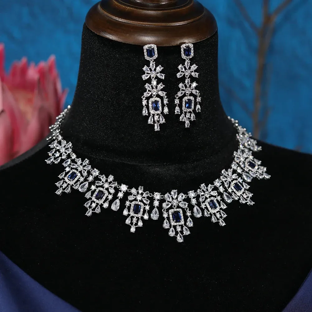 Luxury Crystal 2pcs Geometric Necklace & Earring Set Dubai Bridal Zirconia Jewelry
