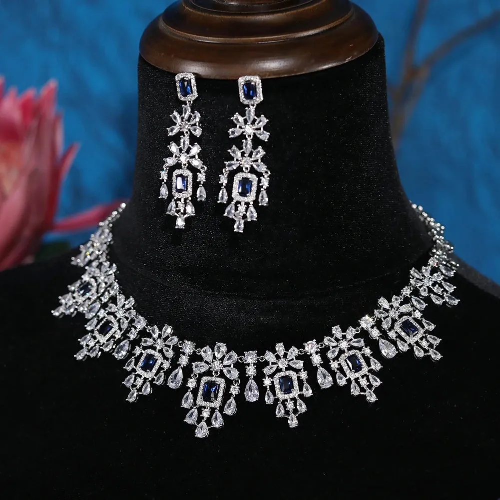Luxury Crystal 2pcs Geometric Necklace & Earring Set Dubai Bridal Zirconia Jewelry