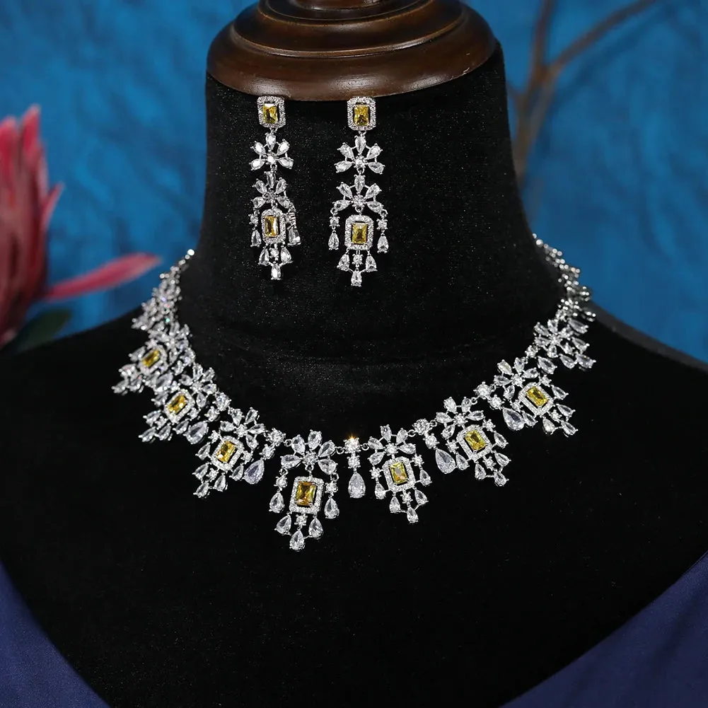 Luxury Crystal 2pcs Geometric Necklace & Earring Set Dubai Bridal Zirconia Jewelry