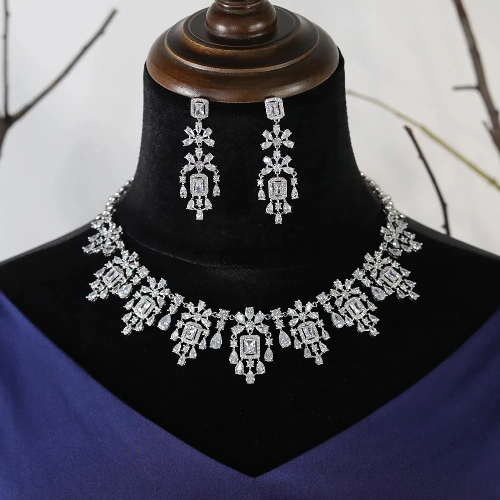 Luxury Crystal 2pcs Geometric Necklace & Earring Set Dubai Bridal Zirconia Jewelry