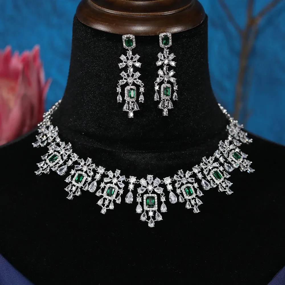 Luxury Crystal 2pcs Geometric Necklace & Earring Set Dubai Bridal Zirconia Jewelry