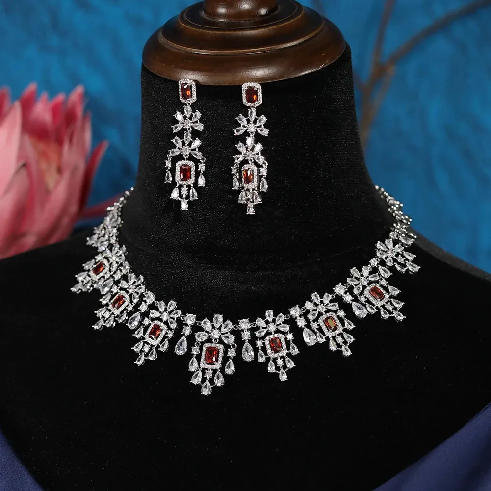 Luxury Crystal 2pcs Geometric Necklace & Earring Set Dubai Bridal Zirconia Jewelry