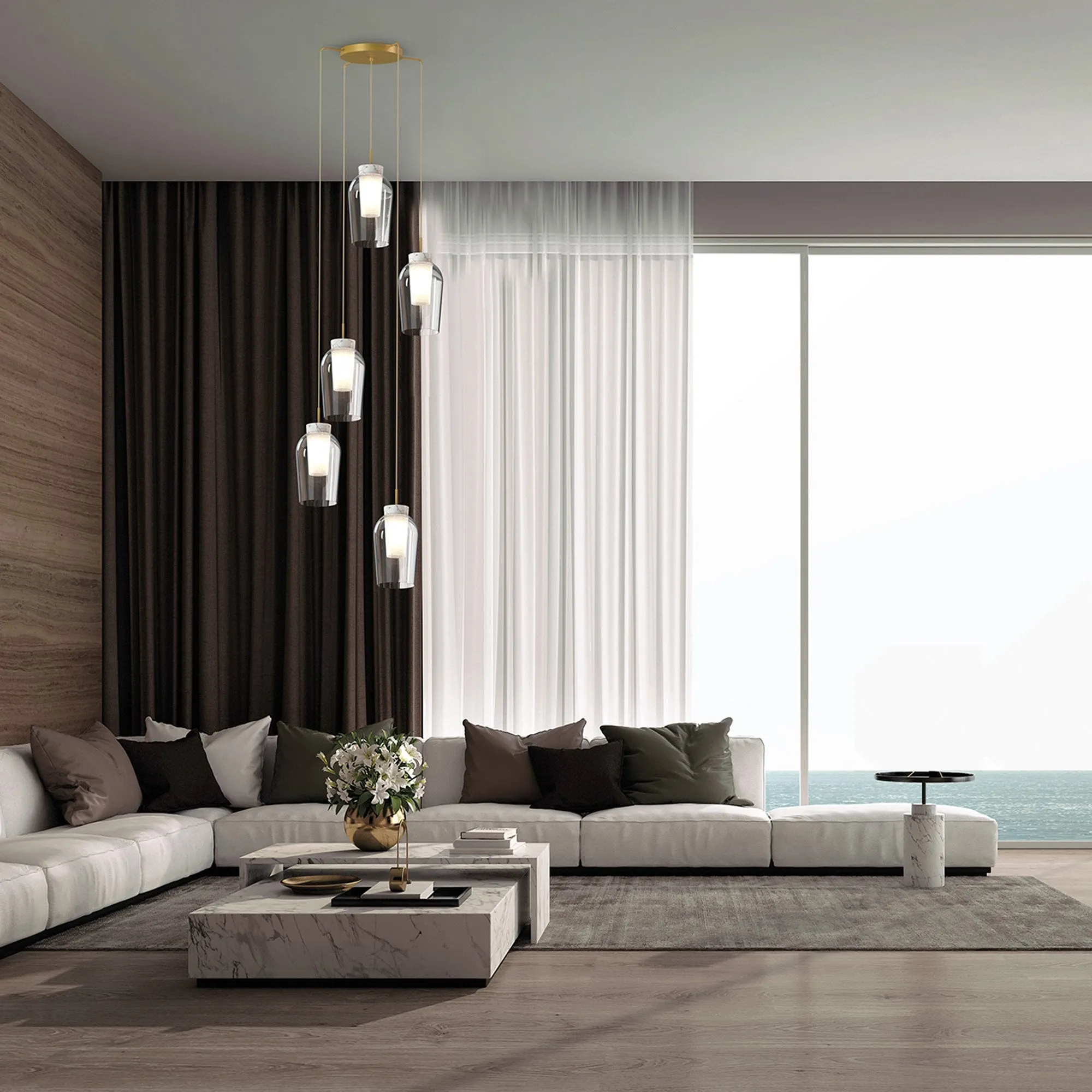 Mantra M8395 Nora 5 Light Round Pendant Gold/White/Clear Glass With Frosted Inner
