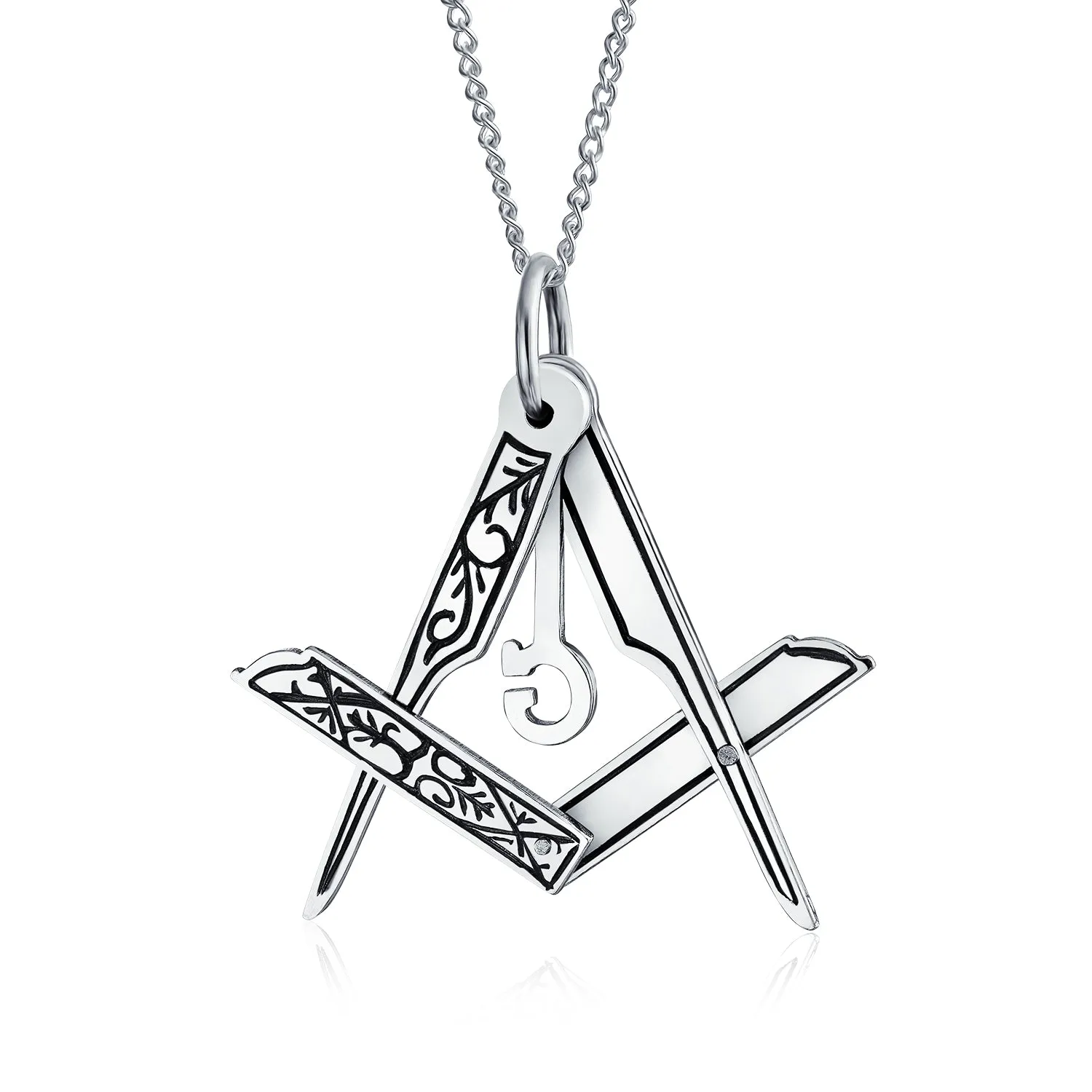 Masonic Freemason Compass Pendant Necklace in Oxidized Sterling Silver Chain