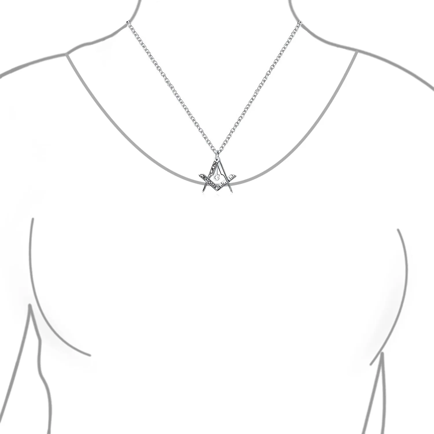 Masonic Freemason Compass Pendant Necklace in Oxidized Sterling Silver Chain