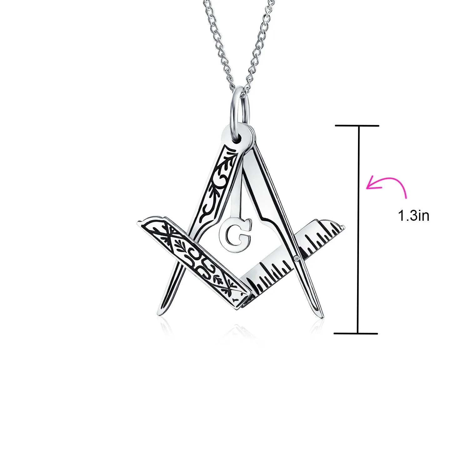 Masonic Freemason Compass Pendant Necklace in Oxidized Sterling Silver Chain