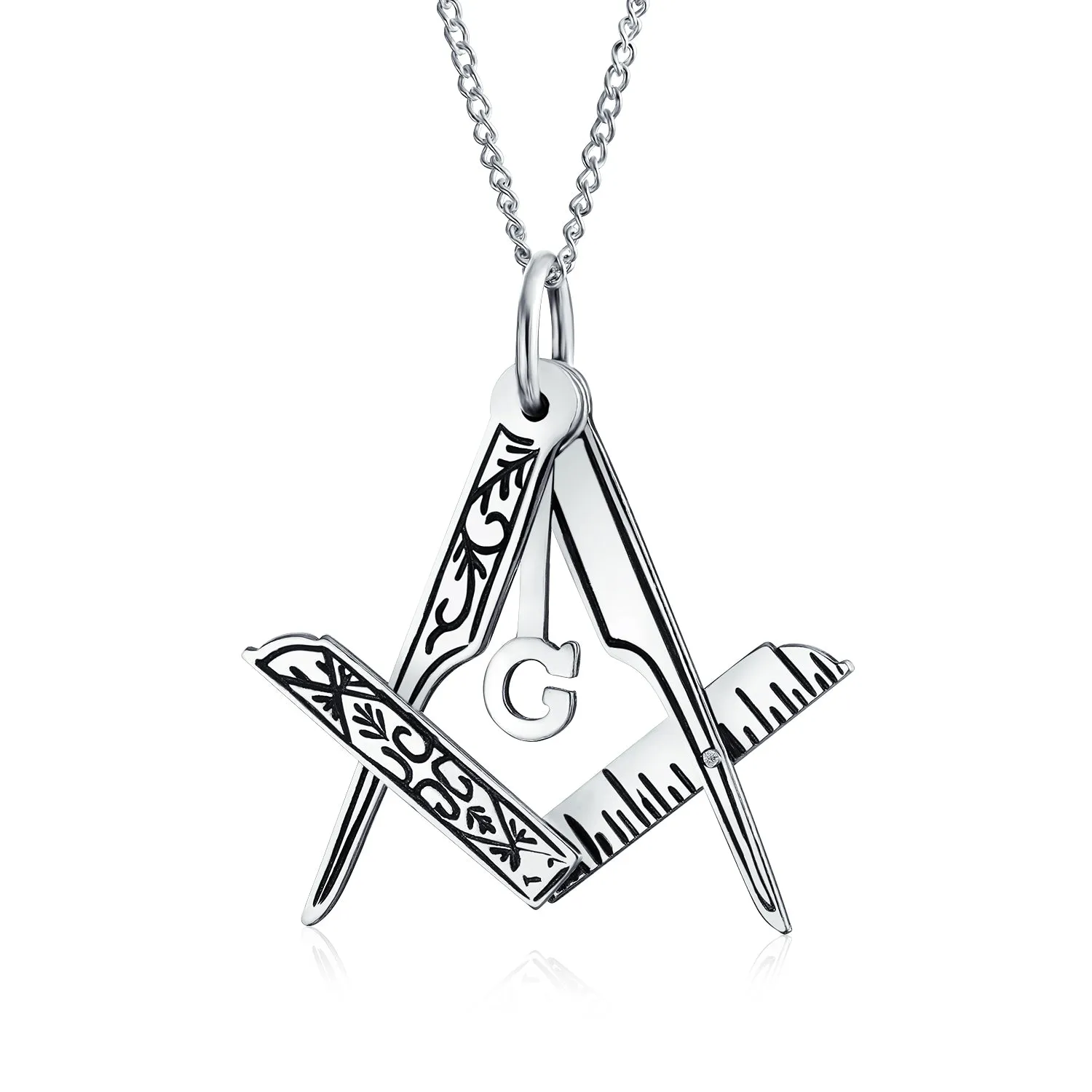 Masonic Freemason Compass Pendant Necklace in Oxidized Sterling Silver Chain
